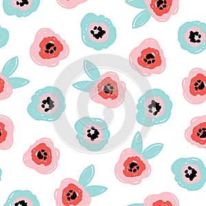 Cute romantic seamless pattern with abstract flowers and leaves in blue pink colors. Modern flat style, memphis design