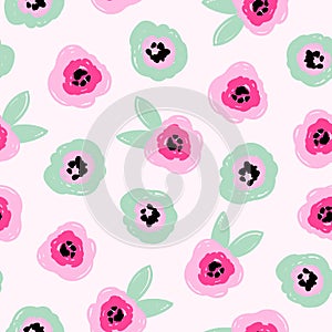 Cute romantic seamless pattern with abstract flowers and leaves in green pink colors. Modern flat style, memphis design