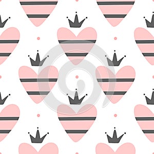 Cute romantic seamless pattern. Repeated striped hearts with crowns and dots.