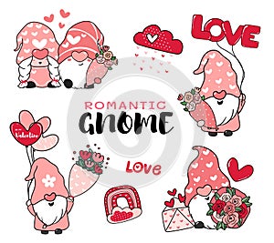 Romantic Valentine Gnome in Pink hat cartoon vector collection, Happy Valentine Day idea for greeting card, t shirt, apparels photo