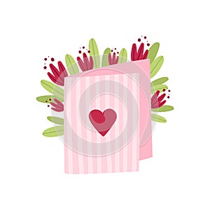 Cute, romantic Valentine`s day greeting Card with heart and flowers isolated on a white background. Flat cartoon vector