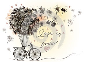 Cute romantic vector illustration with retro bicycle and dandelions in vintage style