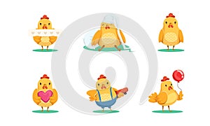 Cute Rooster Character Different Activities Set, Funny Chicken Bird Celebrating Sleeping, Skateboarding, Walking with