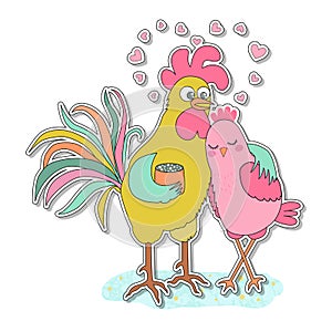 Cute rooster and hen sticker