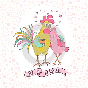 Cute rooster and hen