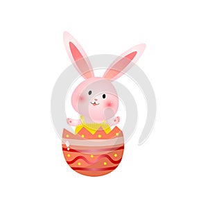 Cute rosy easter bunny sitting in broken egg shell waves hands isolated on white background