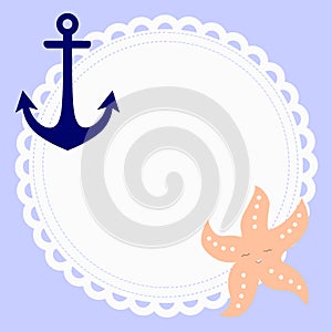 Cute round baby frame in nautical style with anchor and starfish