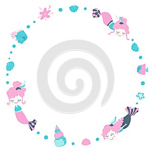 Cute round frame of amazing lovely girls mermaids with bubbles, seashells, fishes and starfish. Cartoon magical underwater world o
