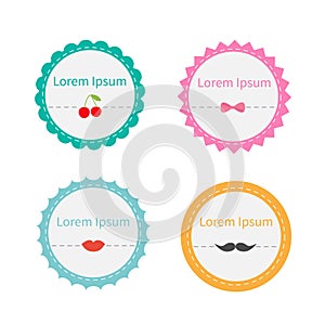 Cute round tag label set with dash line, cherry, bow, lips, mustache in flat design style. Template.