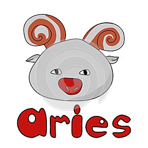 Cute round zodiac sign aries with horns and red nose, kawaii character and lettering