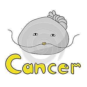 Cute round zodiac sign Cancer, roundish character with a mustache and tail and the inscription