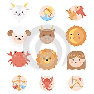 Cute round zodiac signs vector illustration set