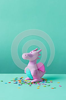 Cute rubber dragon toy on green background