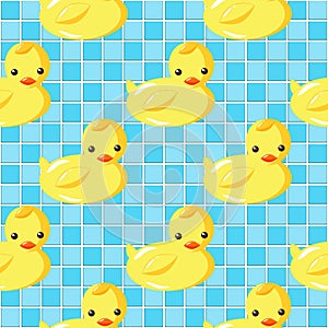 Cute Rubber Ducks swimming in Vintage Aqua Blue Tiled Mosaic Seamless Background