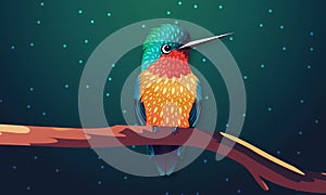 A Cute Rufous Bird Sit on Tree Branch in Dark Starlight