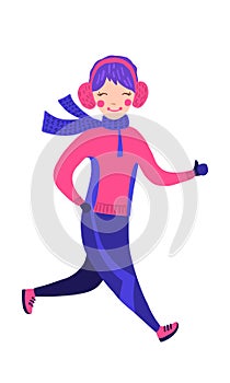 Cute running girl in winter gear on white