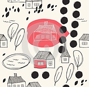 Cute rural landscape with houses and trees Grunge drawn background