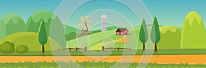 Cute rural landscape panorama with farm cartoon flat vector illustration concept