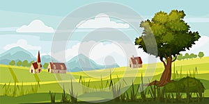 Cute rural landscape tree, field, daisy flowers, cartoon style, vector, illustration, isolated