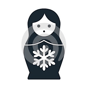Cute Russian Matryoshka nesting doll folk toy with snowflake vector icon illustration. Simple single color contemporary style