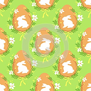 Cute rustic hand drawn Easter seamless pattern with wreath of spring flowers, egg and bunny