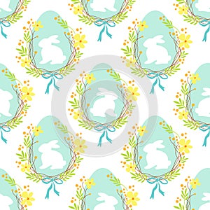 Cute rustic hand drawn Easter seamless pattern with wreath of spring flowers, egg and bunny