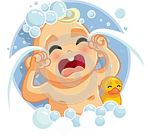 Cute Sad Baby Crying at Bath Time