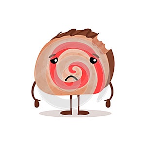 Cute sad chocolate roll cake cartoon character vector Illustration