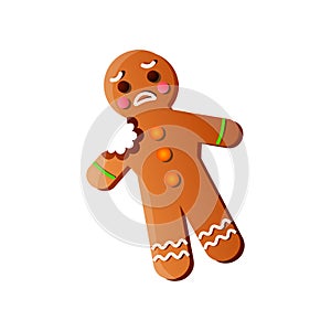 Cute sad gingerbread man with bite hand part photo