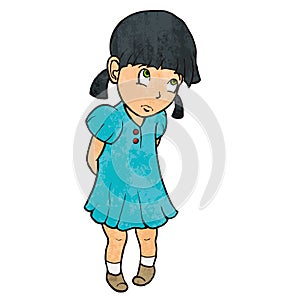 Cute sad guilty little girl in blue dress. Cartoon