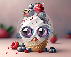 Cute sad ice cream monster with big eyes. 3D Rendering generative ai