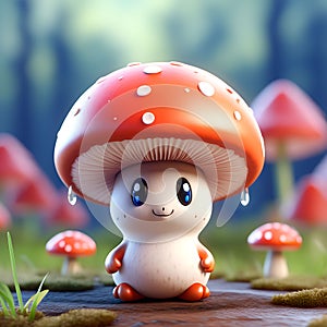 Cute Sad Mushroom Against Solid Background: 3D Rendering of a Heartfelt Scene