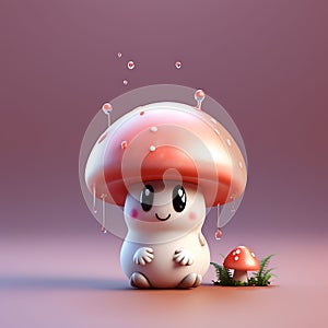 Cute Sad Mushroom Against Solid Background: 3D Rendering of a Heartfelt Scene