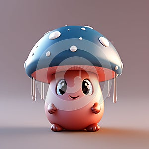 Cute Sad Mushroom Against Solid Background: 3D Rendering of a Heartfelt Scene