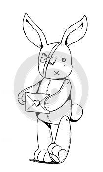 Cute sad one-eyed toy bunny with letter