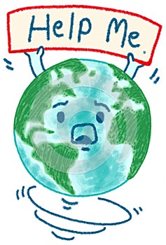 Cute sad planet earth ask help me on banner, World protection, Global Warming and Climate Change concept, cartoon character