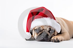 Cute sad pug dog puppy in Santa Claus hat lying on ground isolated on white background