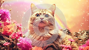cute sad red kitten among bouquets of flowers and a colored rainbow in the sky with condolences to the deceased pet