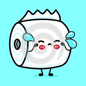 Cute cry toilet paper character. Vector hand drawn cartoon kawaii character illustration icon. Isolated on blue