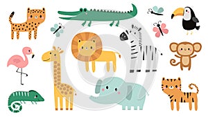 Cute Safari African zoo animal set. Cartoon alligator, crocodile, giraffe, iguana, zebra, elephant, cheetah, flamingo bird, lion,