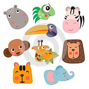 Cute Safari Animal Faces in flat style isolated vector illustration. Decorative safari collection. Cartoon childish