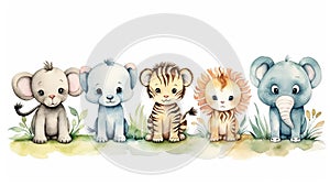 Cute safari animals cartoon isolated on white background. Generative AI