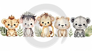 Cute safari animals cartoon isolated on white background. Generative AI