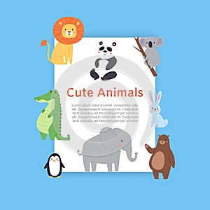 Cute safari and jungle animals lion, panda bear, elephant and crocodile for kids, baby poster vector illustration.