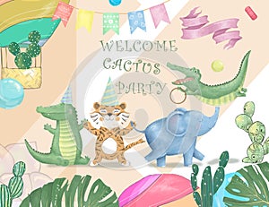 Cute safari watercolor cartoon animals border with cloud shaped copy space for kids party invitation card template
