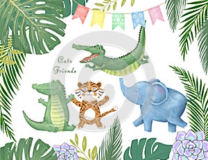 Cute safari watercolor cartoon animals border with cloud shaped copy space for kids party invitation card template