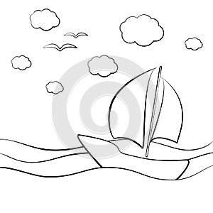 Cute sailboat in the sea waves; black and white graphic vector illustration for posters, postcards and colouring books for