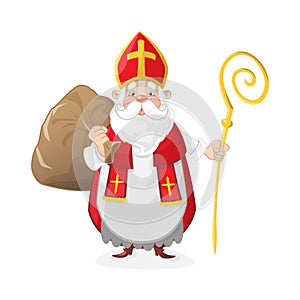 Cute Saint Nicholas with gifts in bag cartoon character
