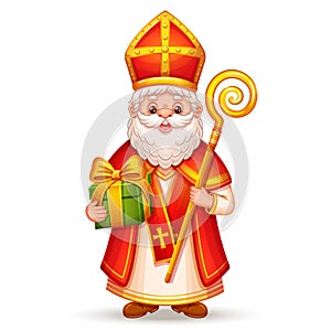 Cute Saint Nicholas, Sinterklaas character with gift presents box, St Nicolas winter holiday day. Christmas Santa cartoon vector