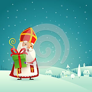 Cute Saint Nicholas - Sinterklaas with gift is coming to town - winter night landscape